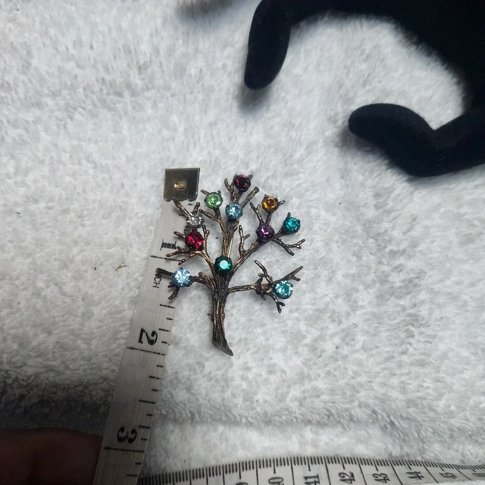 Vintage Sterling Silver Tree of Life Brooch Multi Color Rhinestone Pin‎
